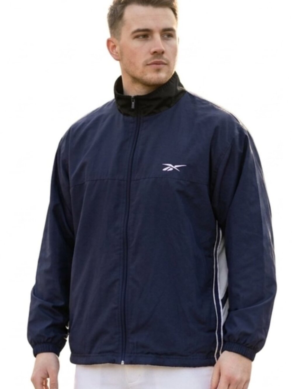Vintage Reebok Men XL Navy Blue Y2K Windbreaker Jacket Full Zip Track Coat 90s